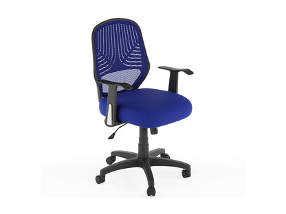 Blue mesh office chair with ergonomic design, adjustable height, and black swivel base.