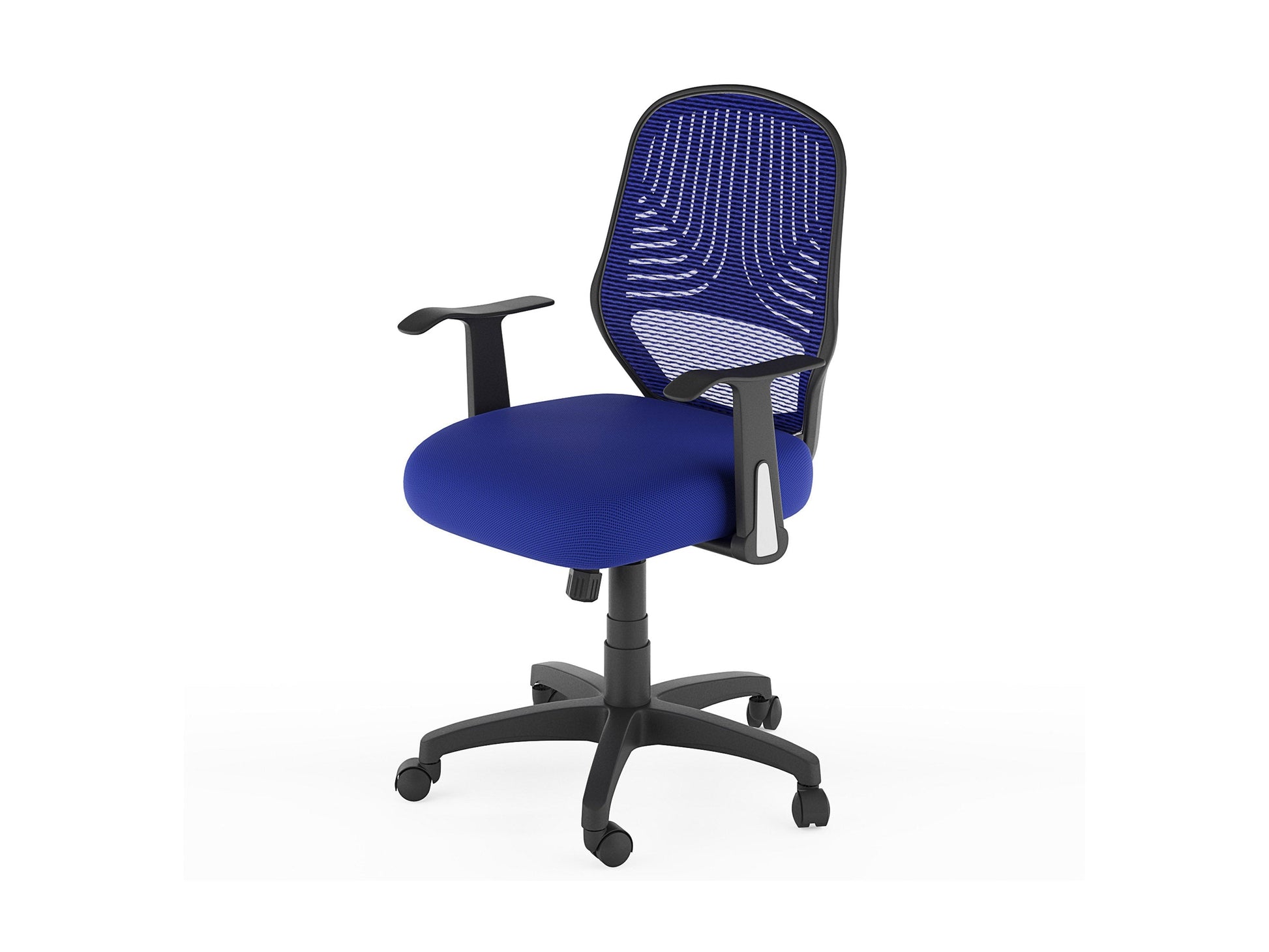 Blue mesh office chair with ergonomic design, adjustable height, and lumbar support for comfortable office seating.