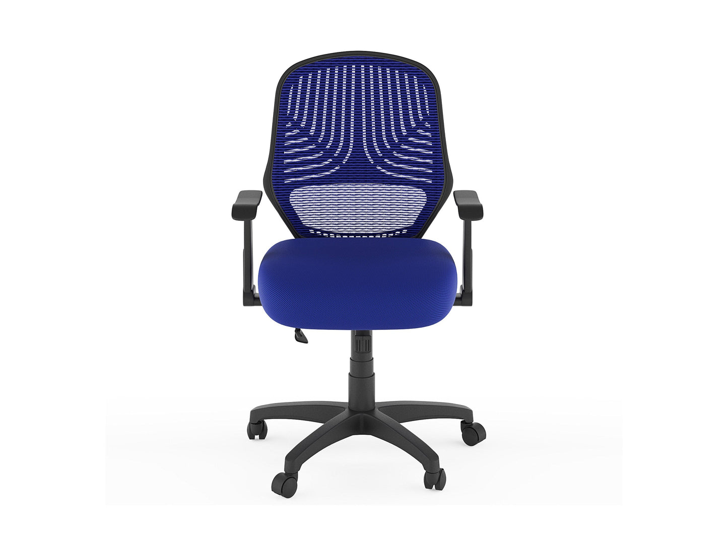 Blue mesh office chair with ergonomic design, adjustable height, and lumbar support, ideal for home office or workspace.