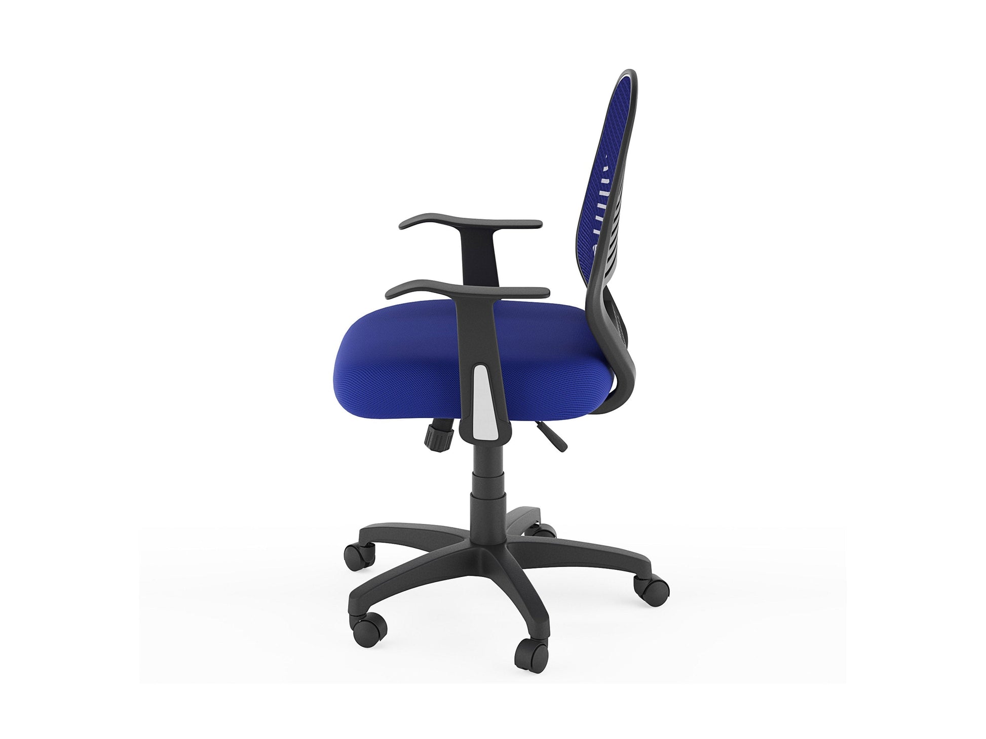 Blue mesh office chair with ergonomic design, adjustable height, and lumbar support.