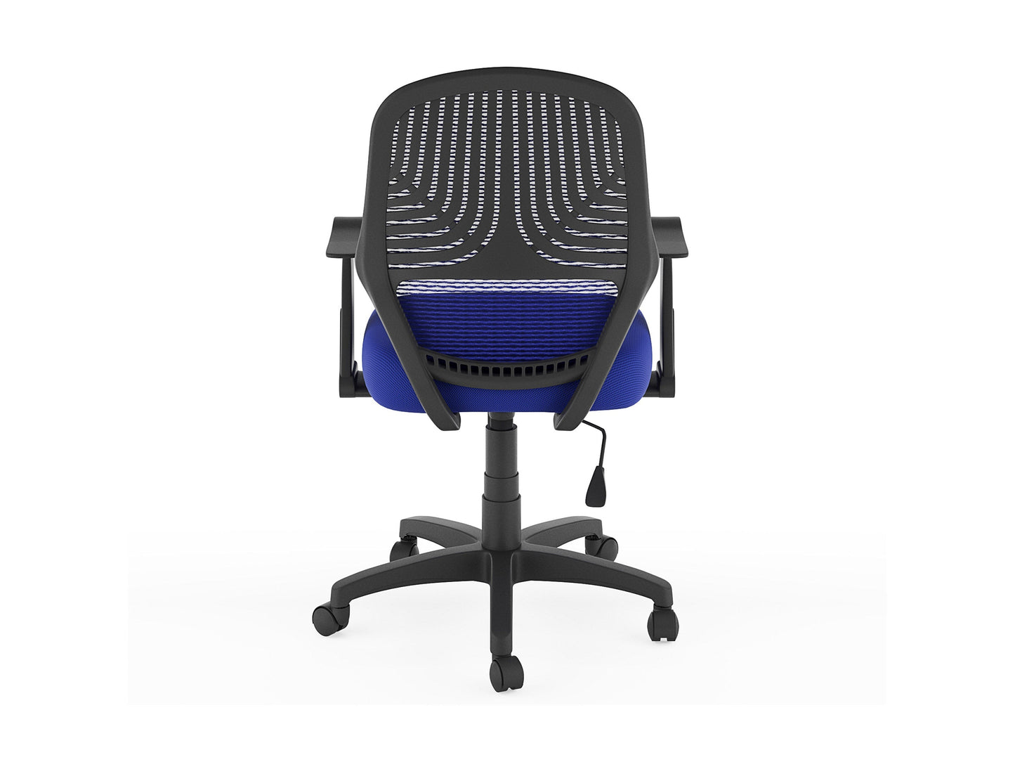 Blue mesh office chair with ergonomic design, adjustable height, and lumbar support.