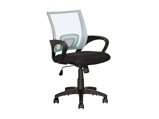 White mesh back office chair with adjustable armrests, ergonomic design, and five caster wheels.