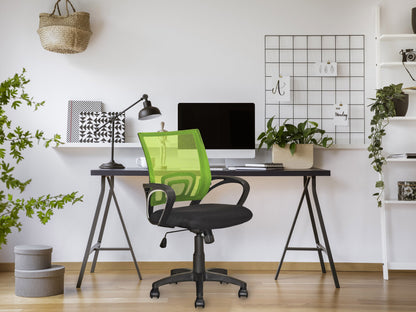 Lime green mesh back office chair with adjustable armrests and ergonomic design.