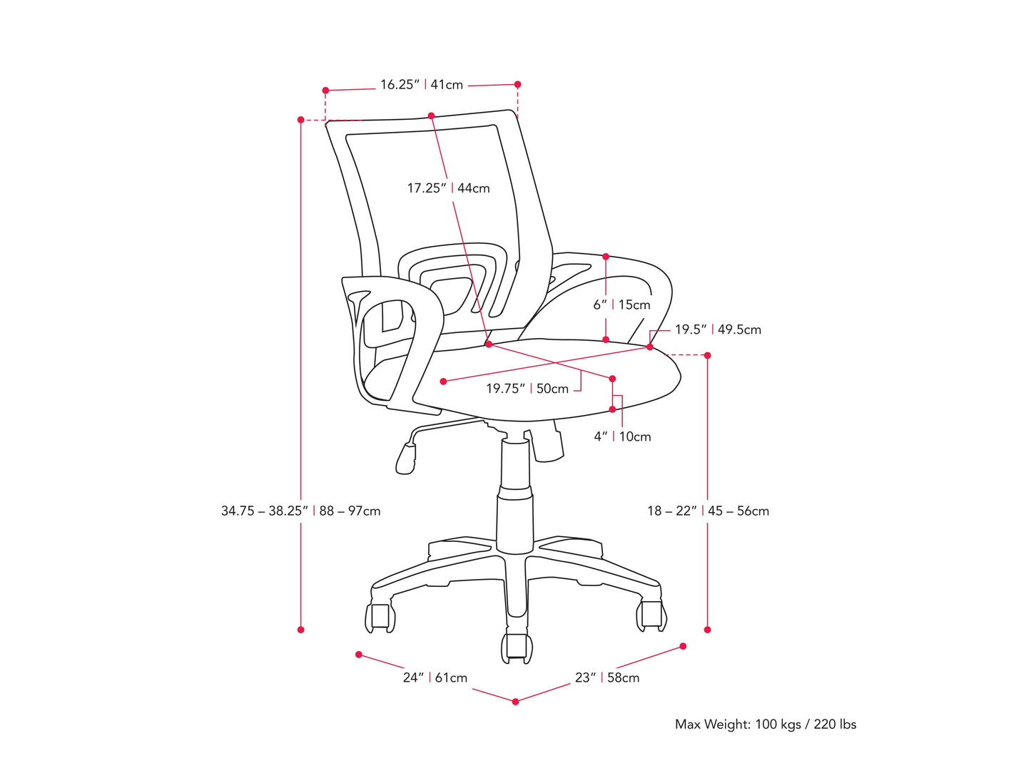 Red mesh back office chair with adjustable armrests, ergonomic design, and black base for home or office use.