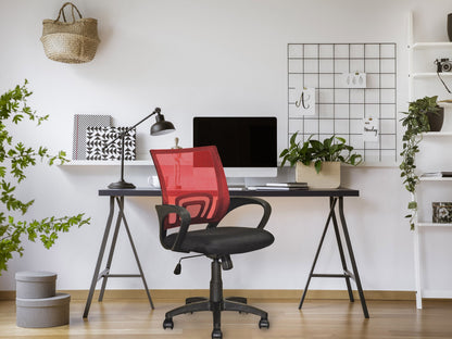 Red mesh back office chair with ergonomic design, adjustable height, and black armrests for comfortable seating.