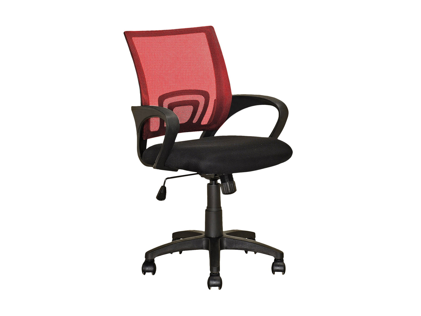 Red mesh back office chair with ergonomic design, adjustable height, and black base.