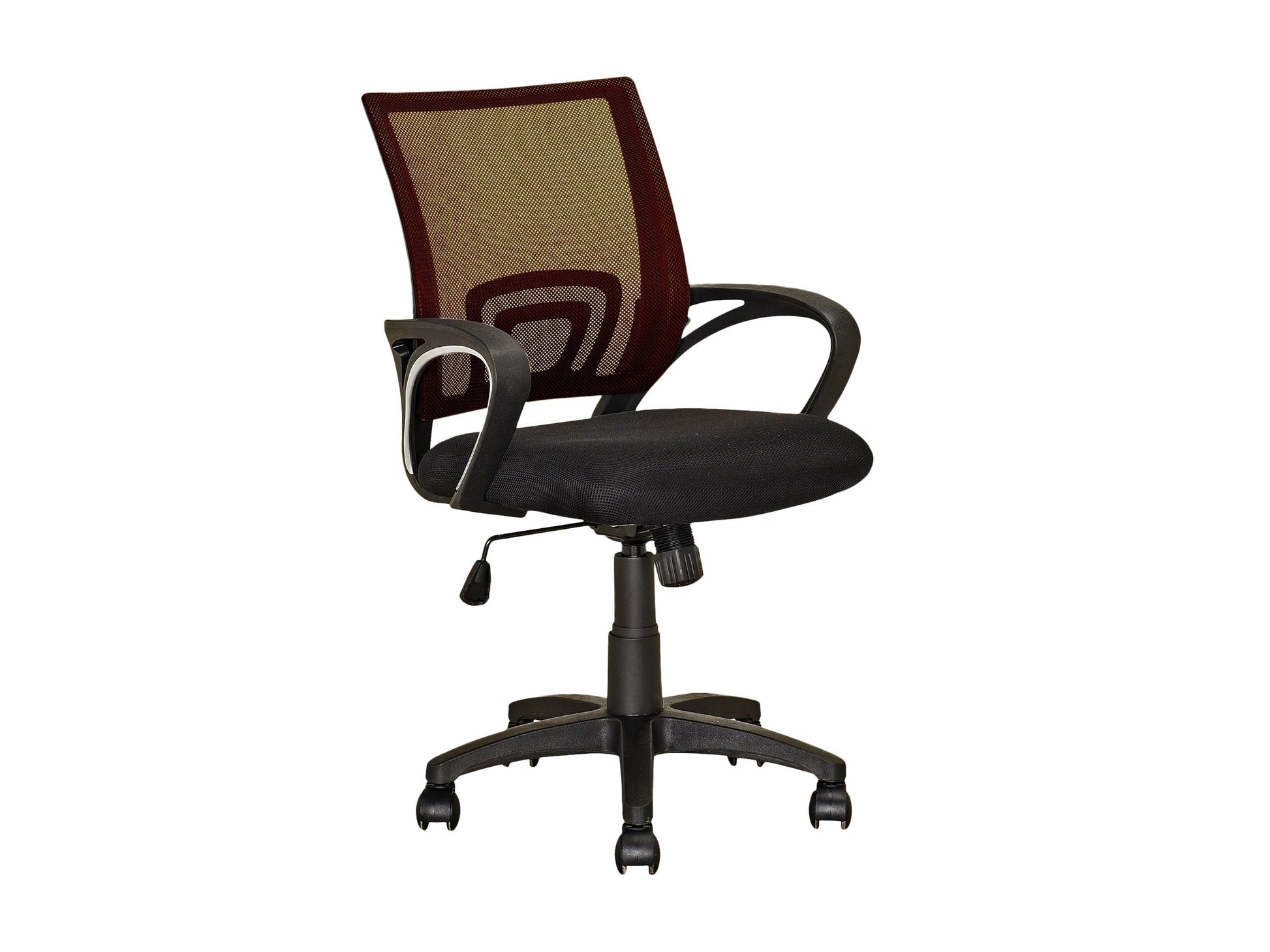 Dark brown mesh back office chair with ergonomic design, adjustable height, and padded seat for home or office use.