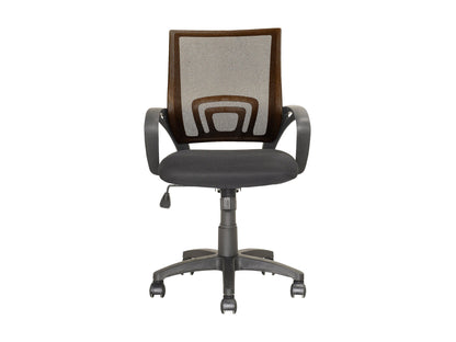 Dark brown mesh back office chair with ergonomic design, adjustable height, and cushioned seat for home or office use.