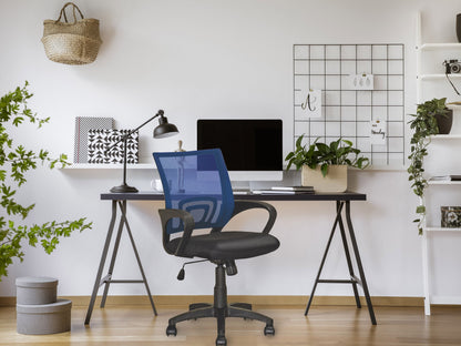 Navy blue mesh back office chair with ergonomic design, adjustable height, and black armrests.