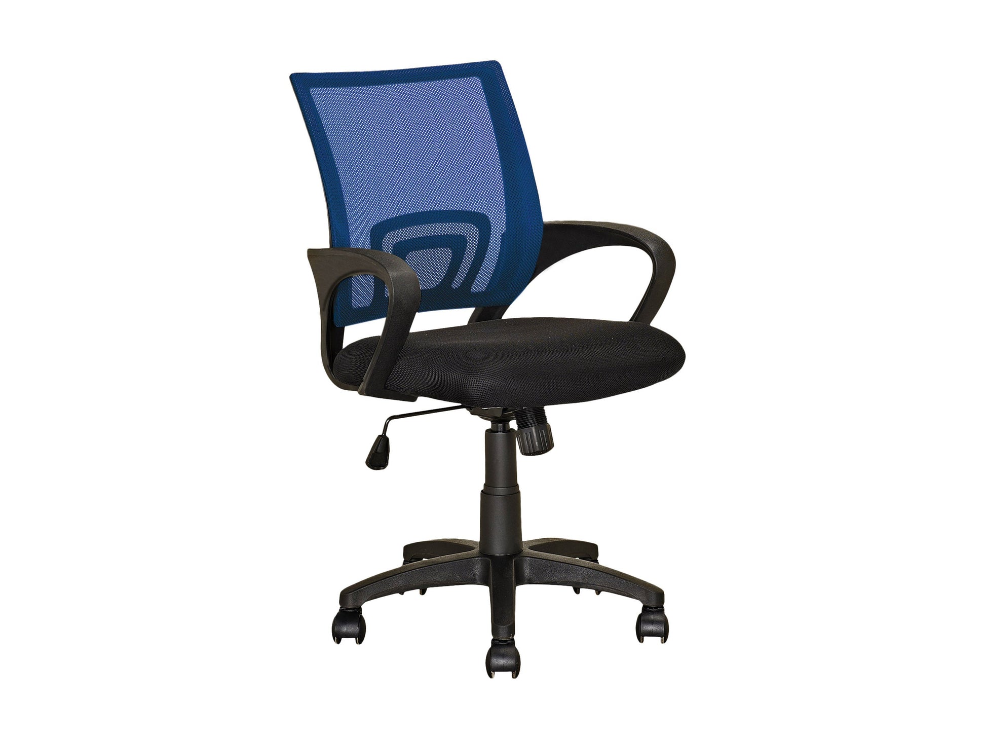 Navy blue mesh back office chair with ergonomic design, adjustable height, and armrests for home or office.