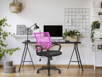 Pink mesh back office chair with ergonomic design, adjustable height, and cushioned seat for modern workspaces.