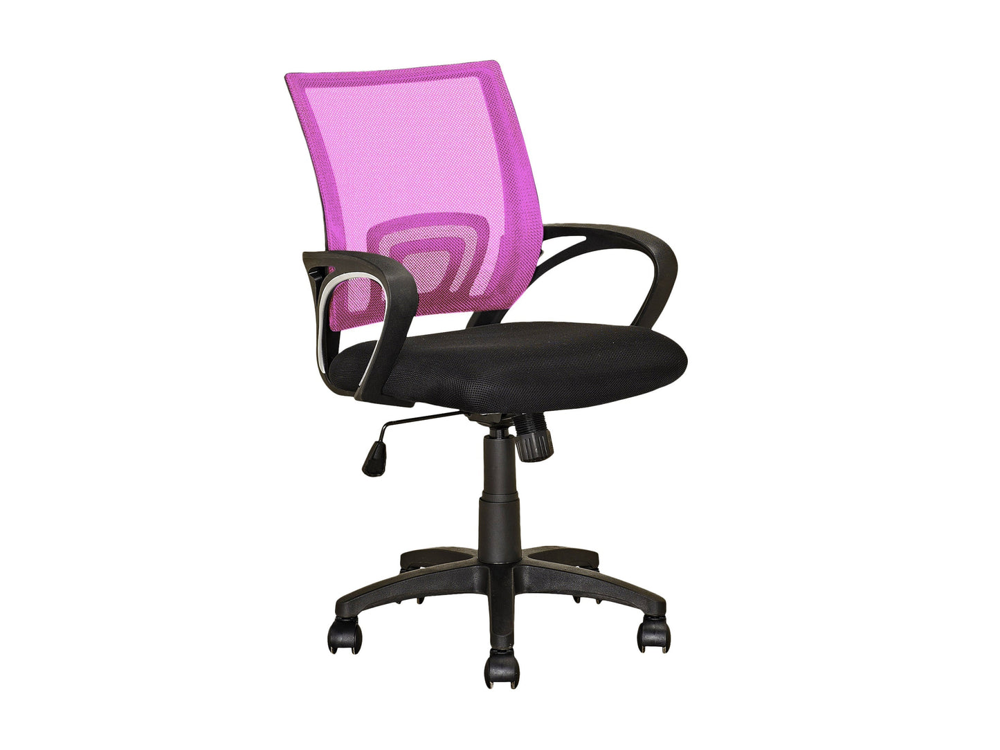 Pink mesh back office chair with ergonomic design, adjustable height, and rolling casters for home office or workspace.