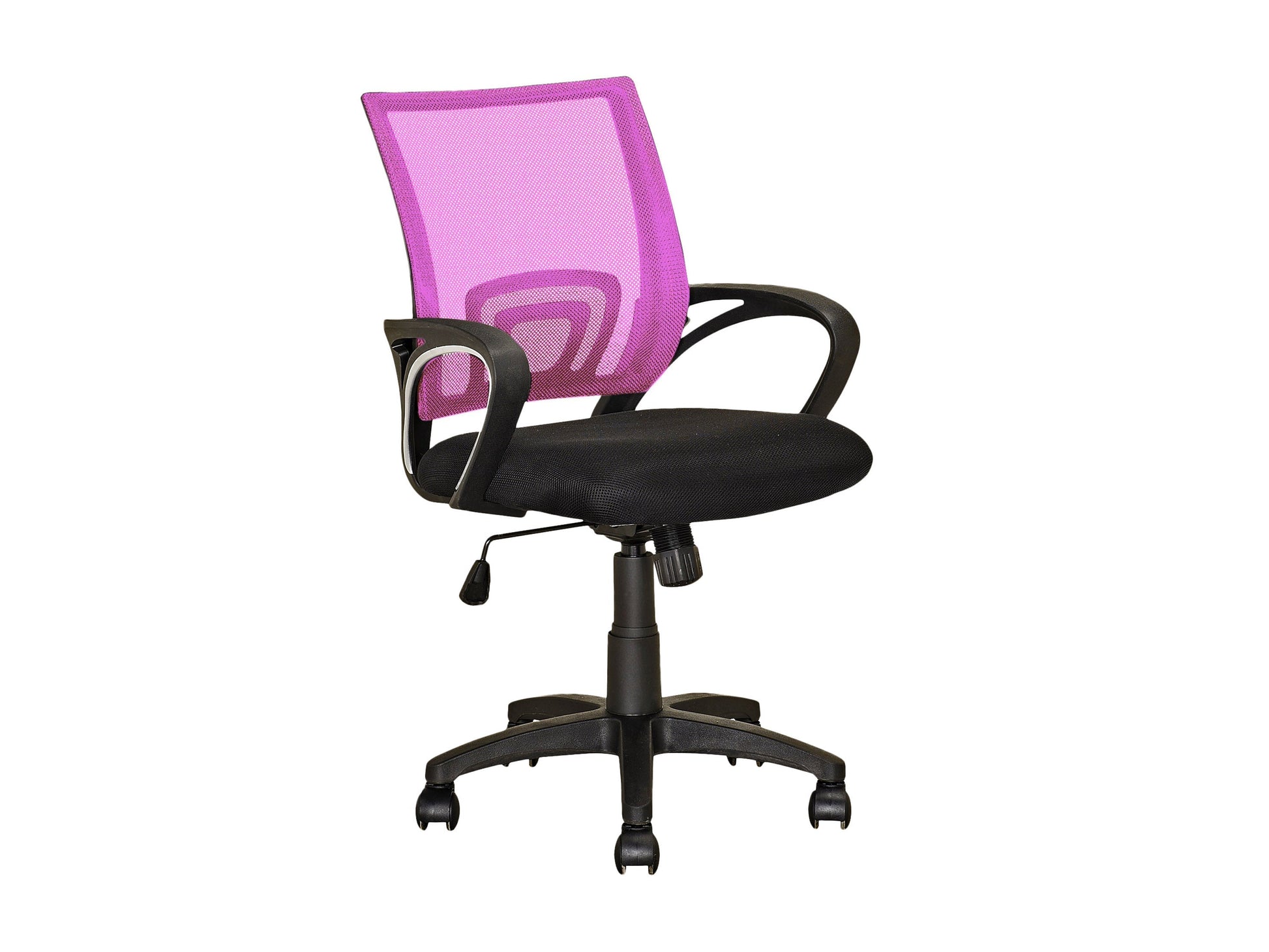 Pink mesh back office chair with ergonomic design, adjustable height, and rolling casters for home office or workspace.