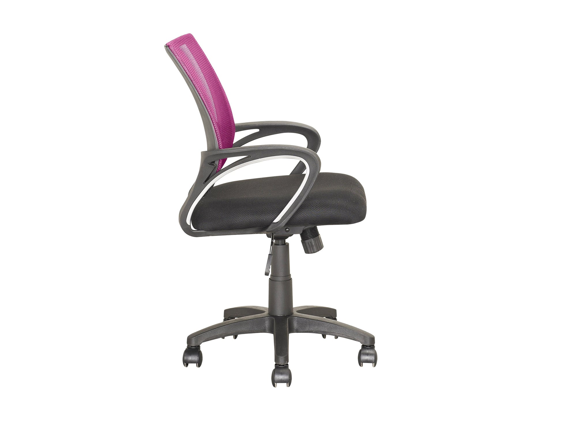 Pink mesh back office chair with ergonomic design, adjustable armrests, and cushioned seat for home office use.