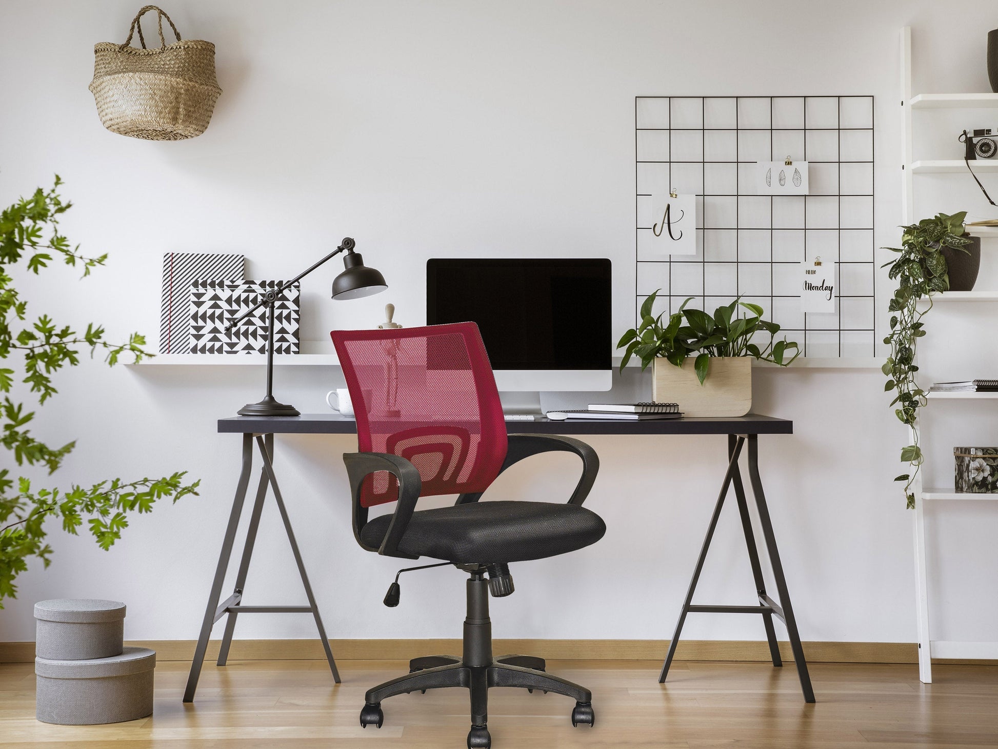 Maroon mesh back office chair with adjustable height, ergonomic design, and black armrests.