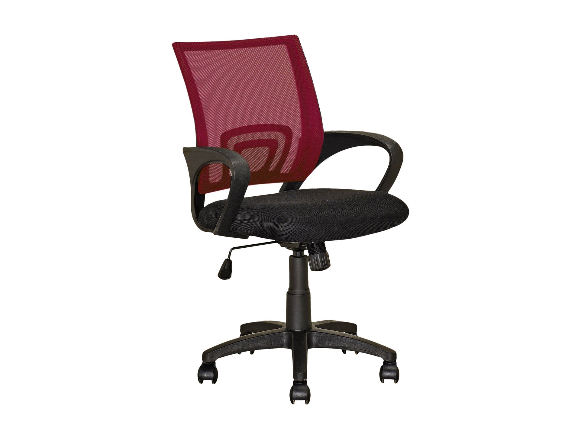 Maroon mesh back office chair with ergonomic design, adjustable height, and swivel base.