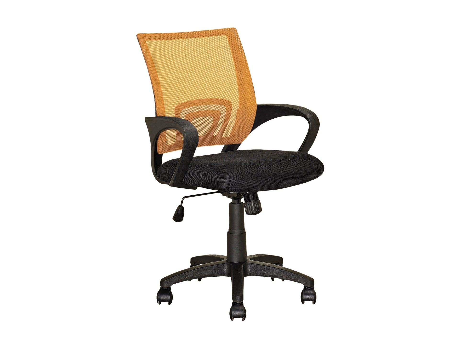 Orange mesh back office chair with ergonomic design, adjustable height, and black swivel base.