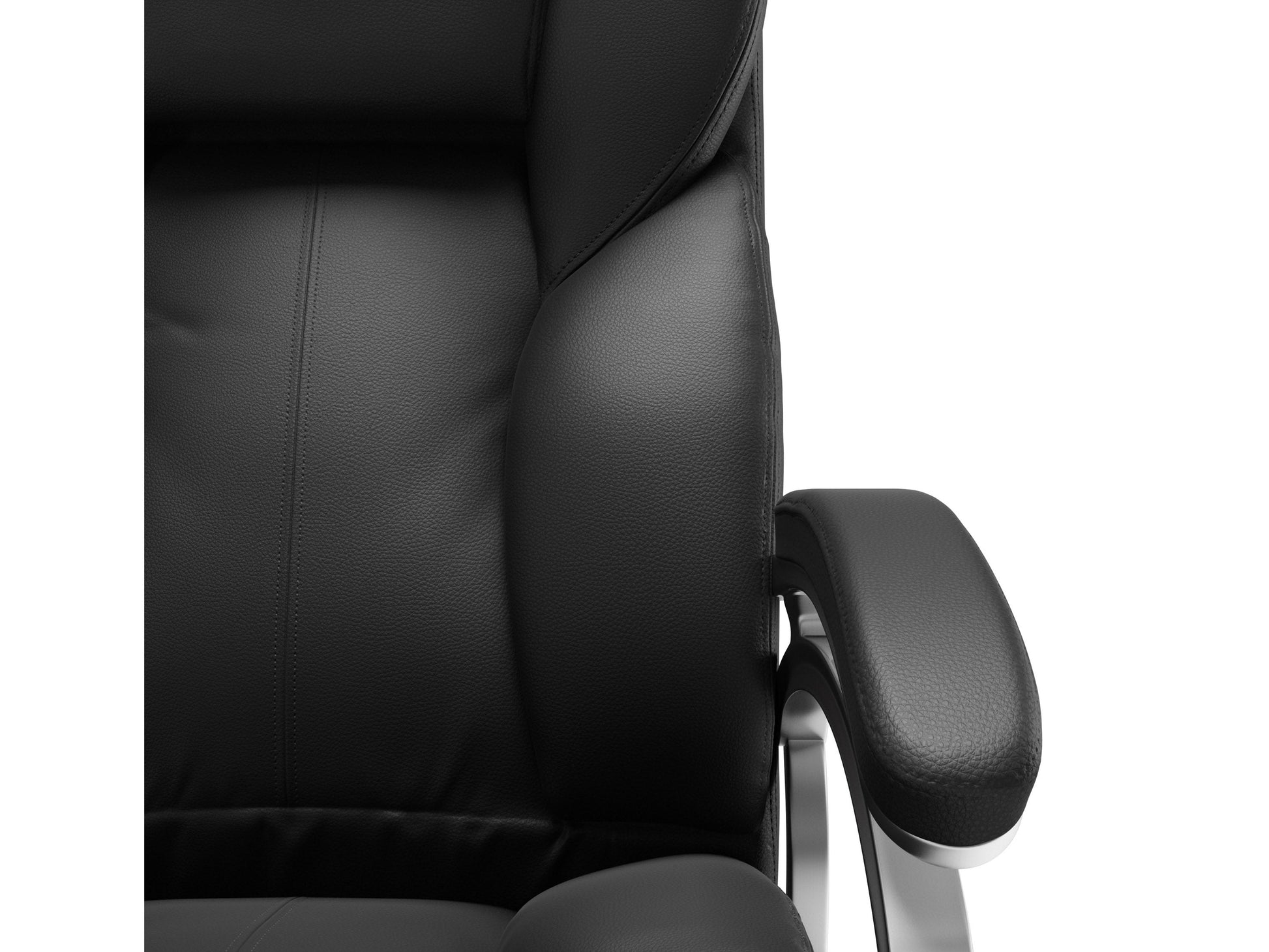 Black executive office chair with ergonomic design, adjustable height, and padded armrests for office comfort.