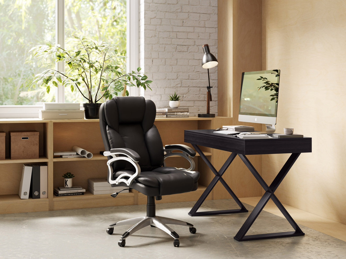 Black executive office chair with ergonomic design, adjustable height, and padded armrests for office comfort.