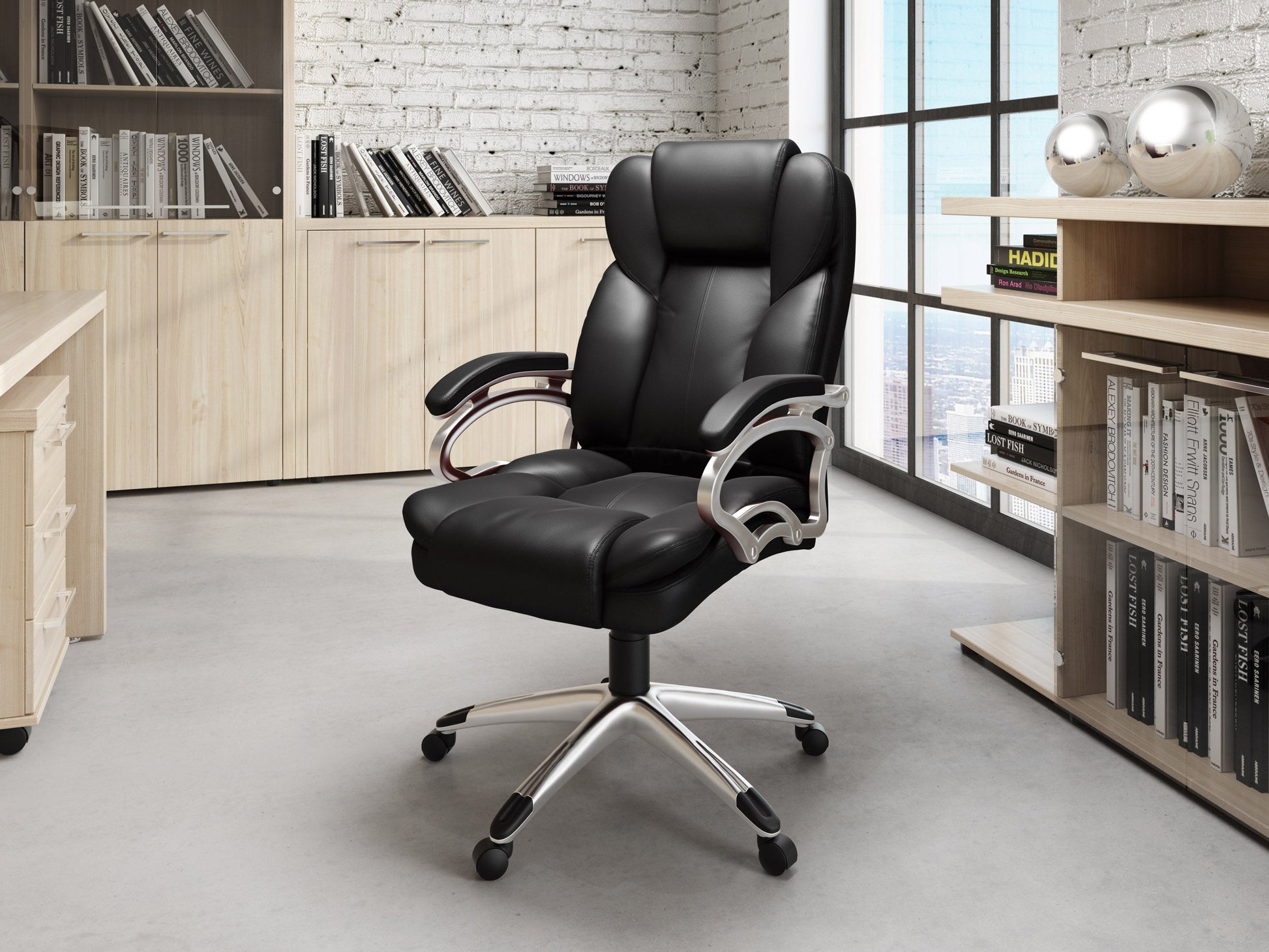 Black executive office chair with ergonomic design, adjustable height, and cushioned seat for comfortable office use.