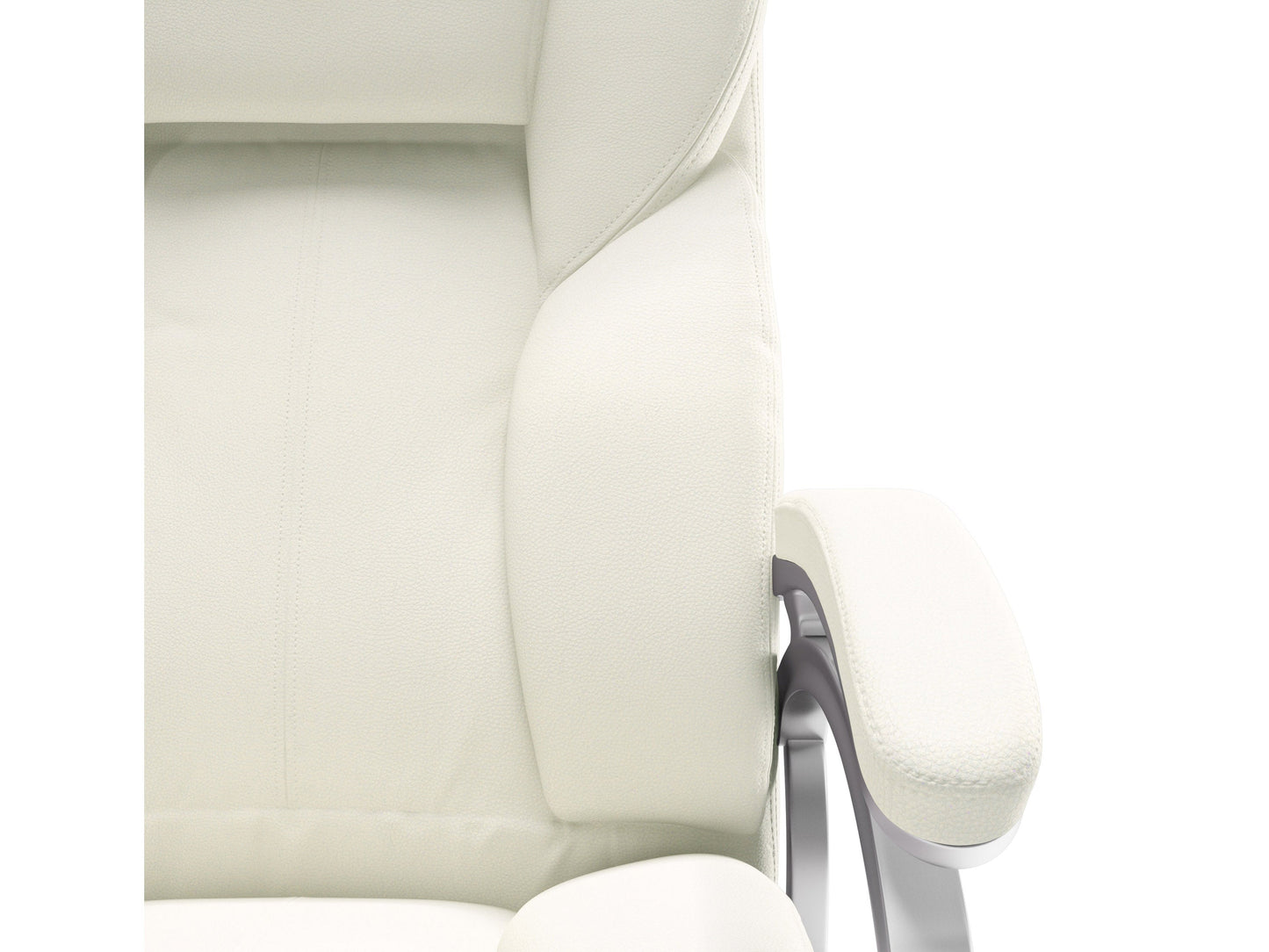 White executive office chair with ergonomic design, high back support, and chrome base.