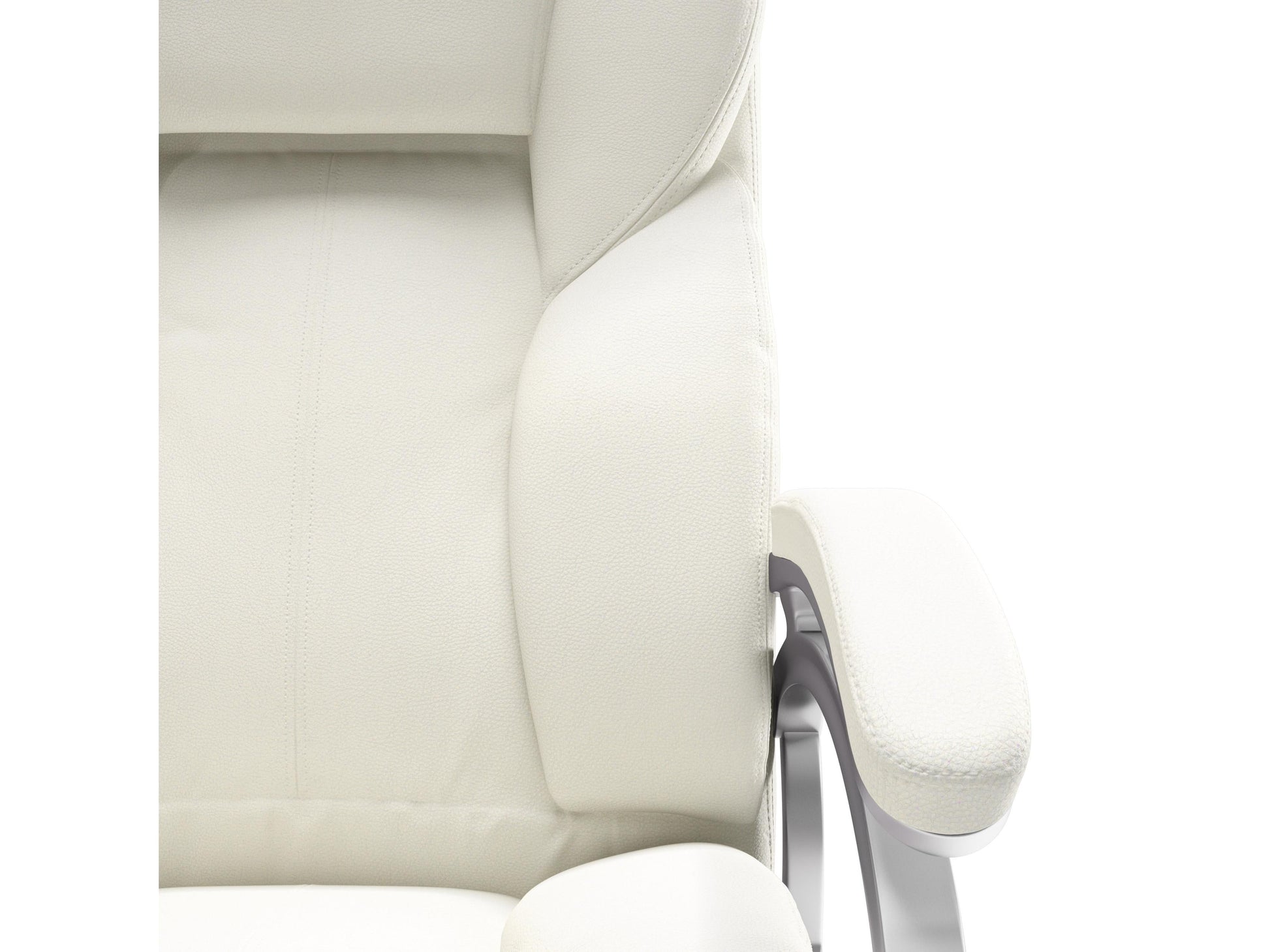 White executive office chair with ergonomic design, adjustable height, and cushioned seat for modern office settings.