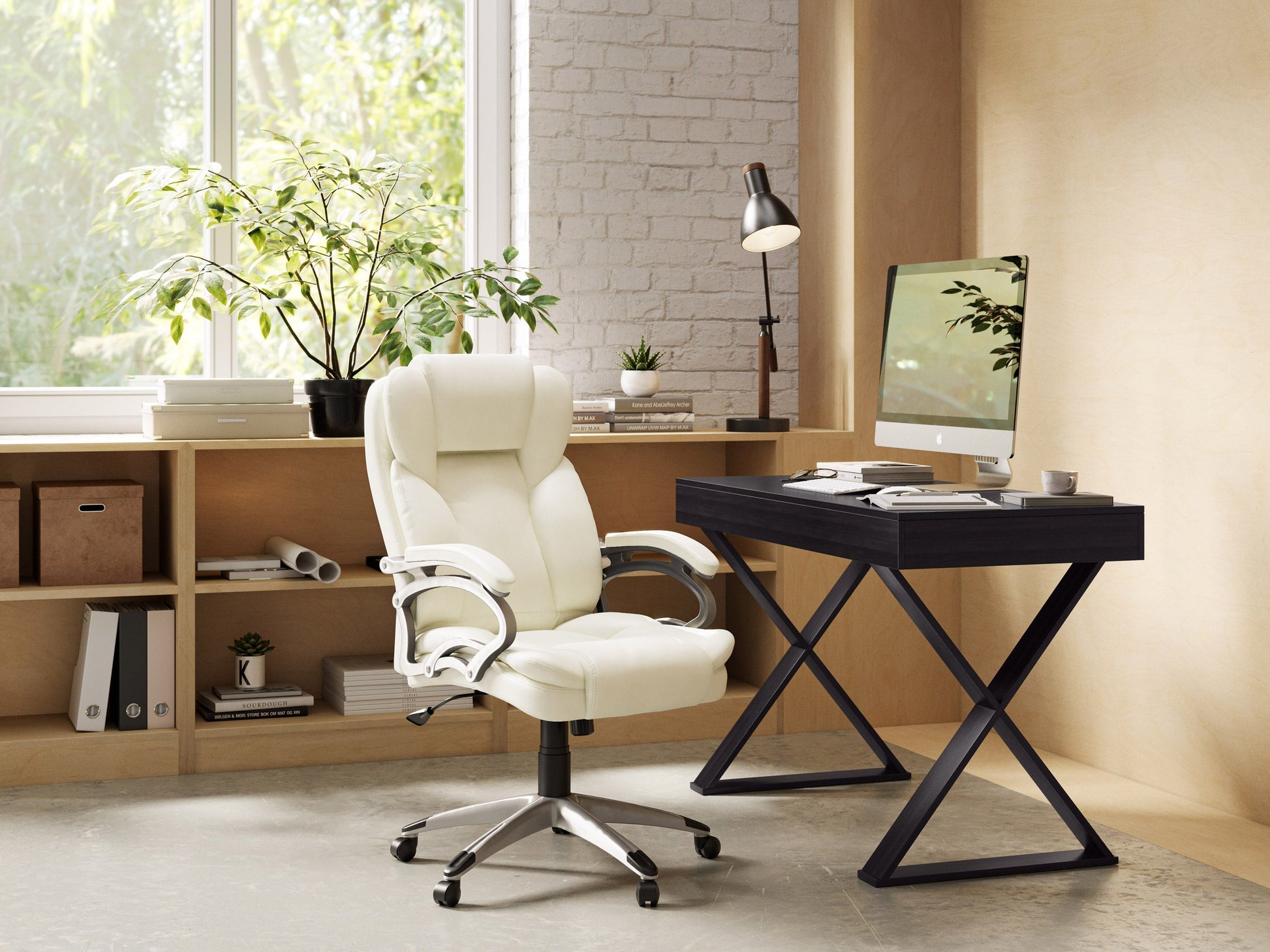 White executive office chair with ergonomic design, adjustable height, and padded armrests for office comfort.