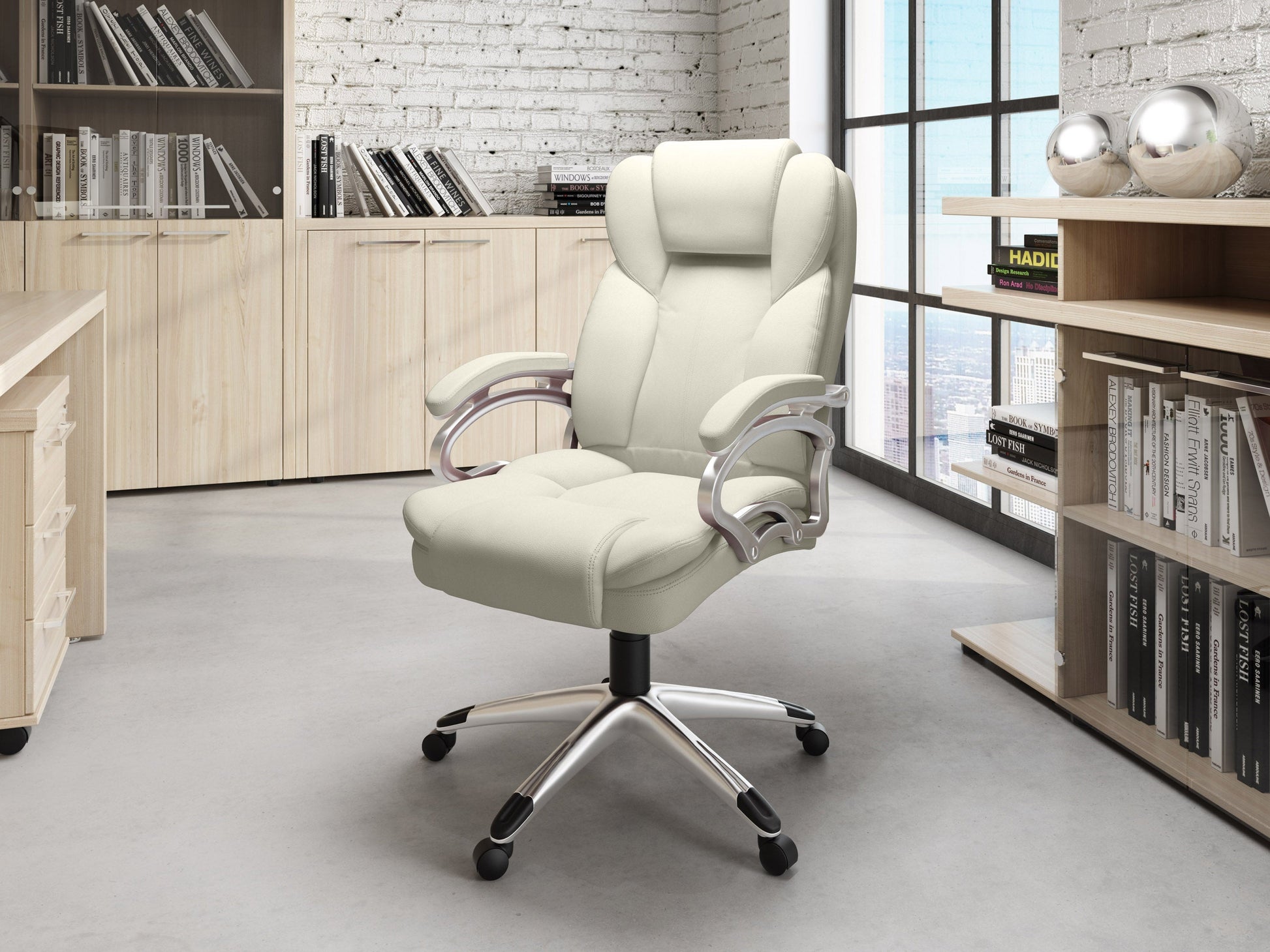 White executive office chair with ergonomic design, adjustable height, and padded armrests.