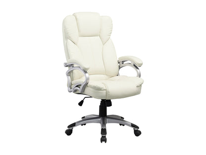 White executive office chair with ergonomic design, adjustable height, and sleek chrome base.