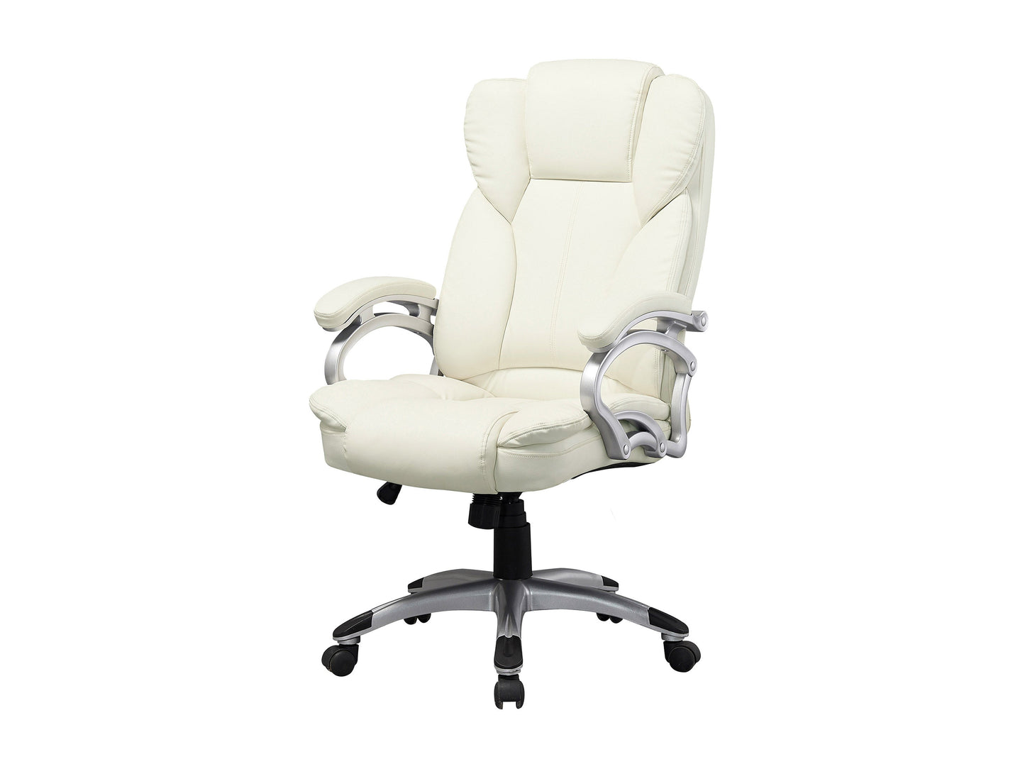 White executive office chair with ergonomic design, high back support, and adjustable features for a modern workspace.