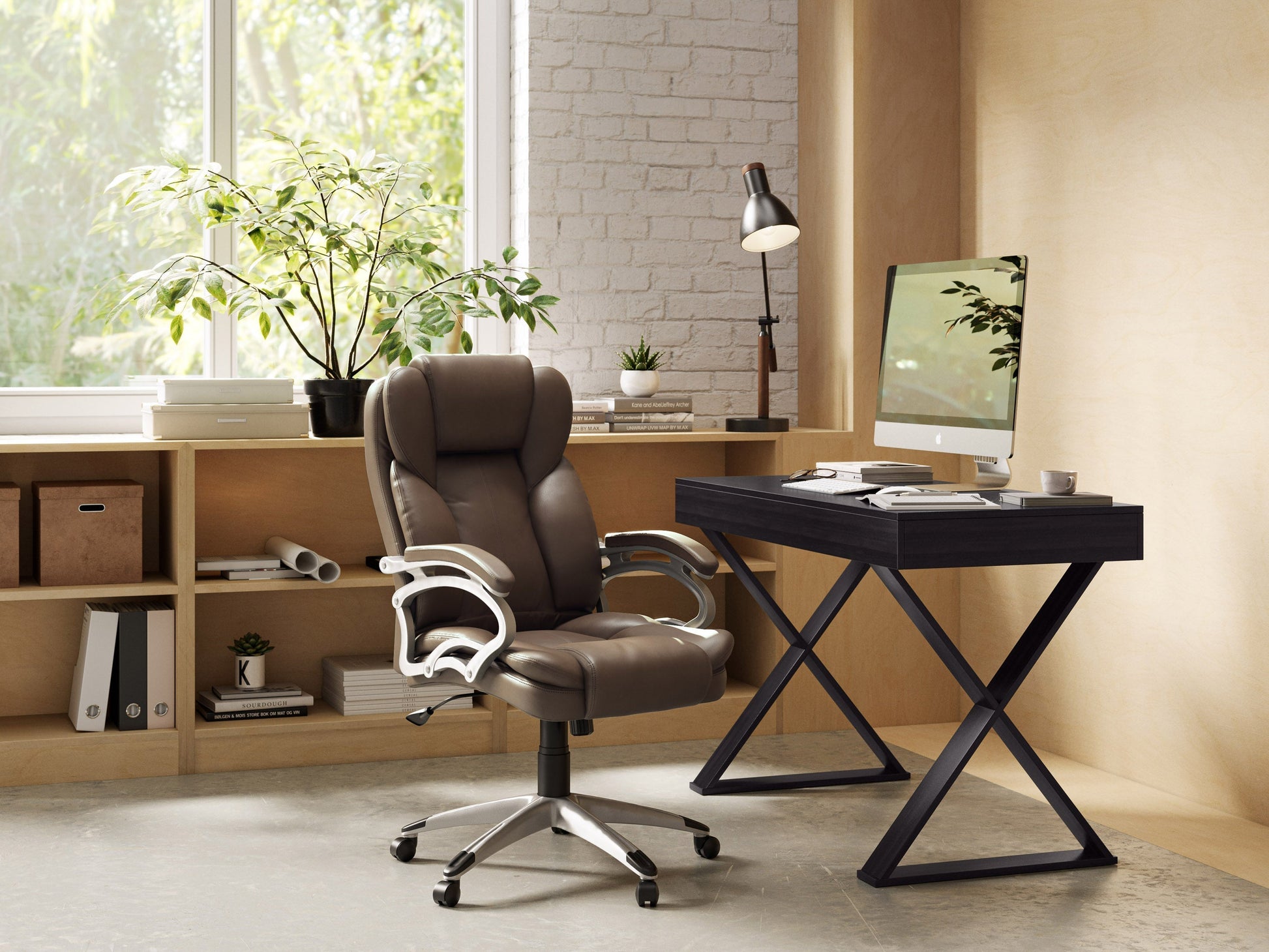 Caramel brown executive office chair with ergonomic design, adjustable height, and cushioned armrests.