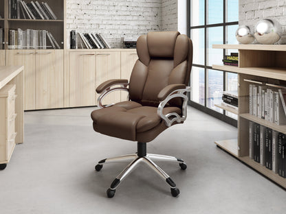 Caramel brown executive office chair with ergonomic design, padded seat, and adjustable height.