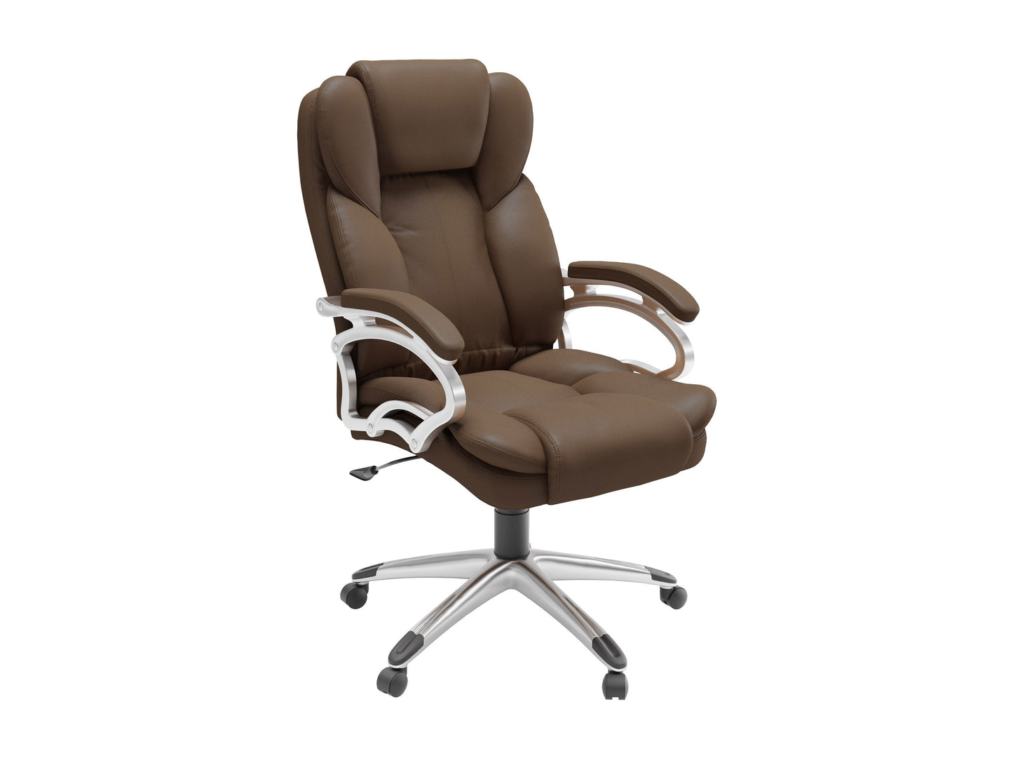 Caramel brown executive office chair with ergonomic design, leather upholstery, and adjustable height.