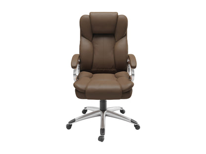 Caramel brown executive office chair with ergonomic design, adjustable height, and sleek leather upholstery.