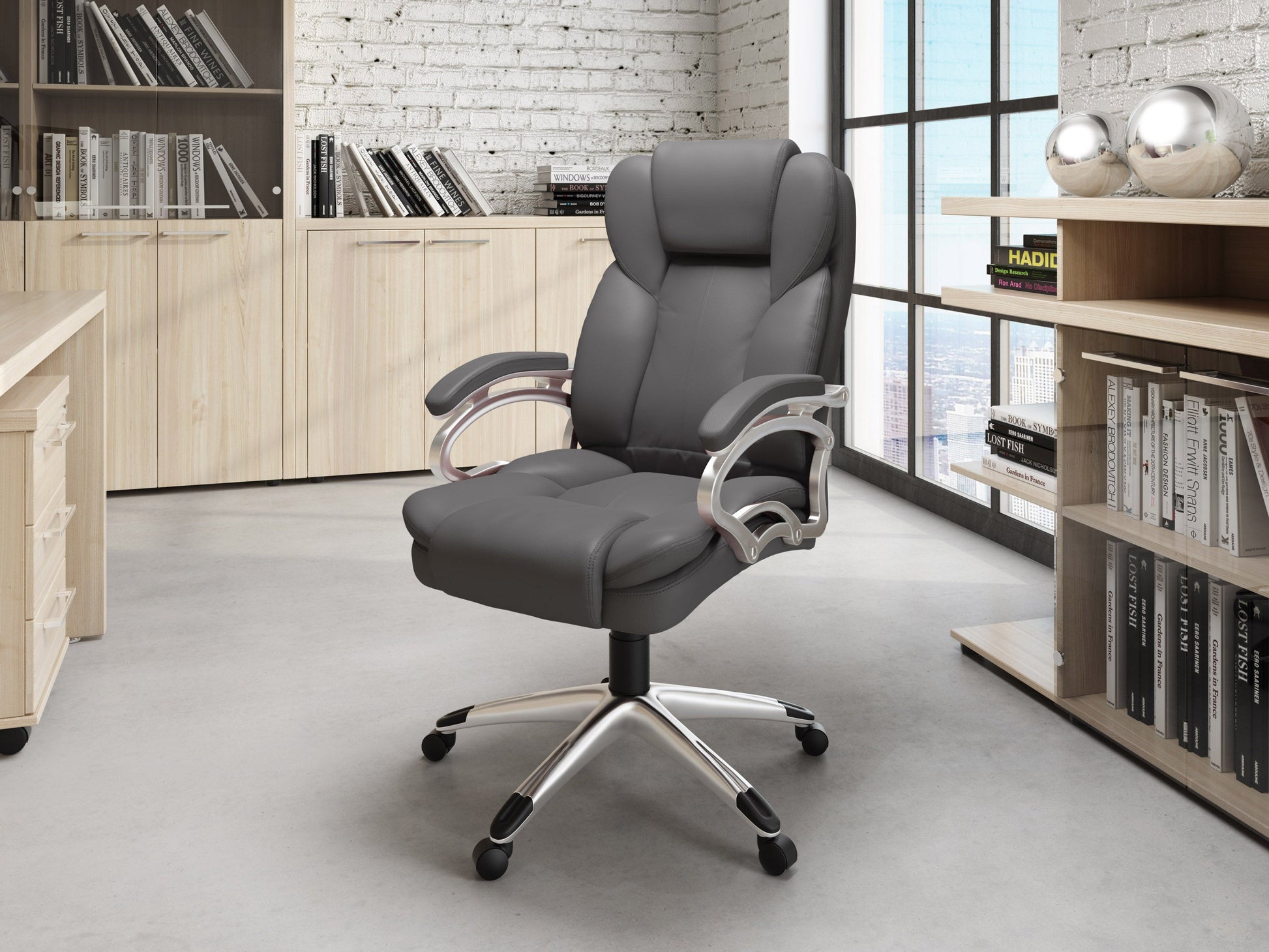 Grey executive office chair with ergonomic design, padded armrests, high back support, and adjustable height, featuring a sleek chrome base and soft fabric upholstery, perfect for modern office settings.