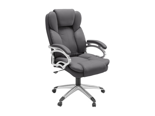 Executive grey office chair with ergonomic design, adjustable height, padded armrests, and swivel base.