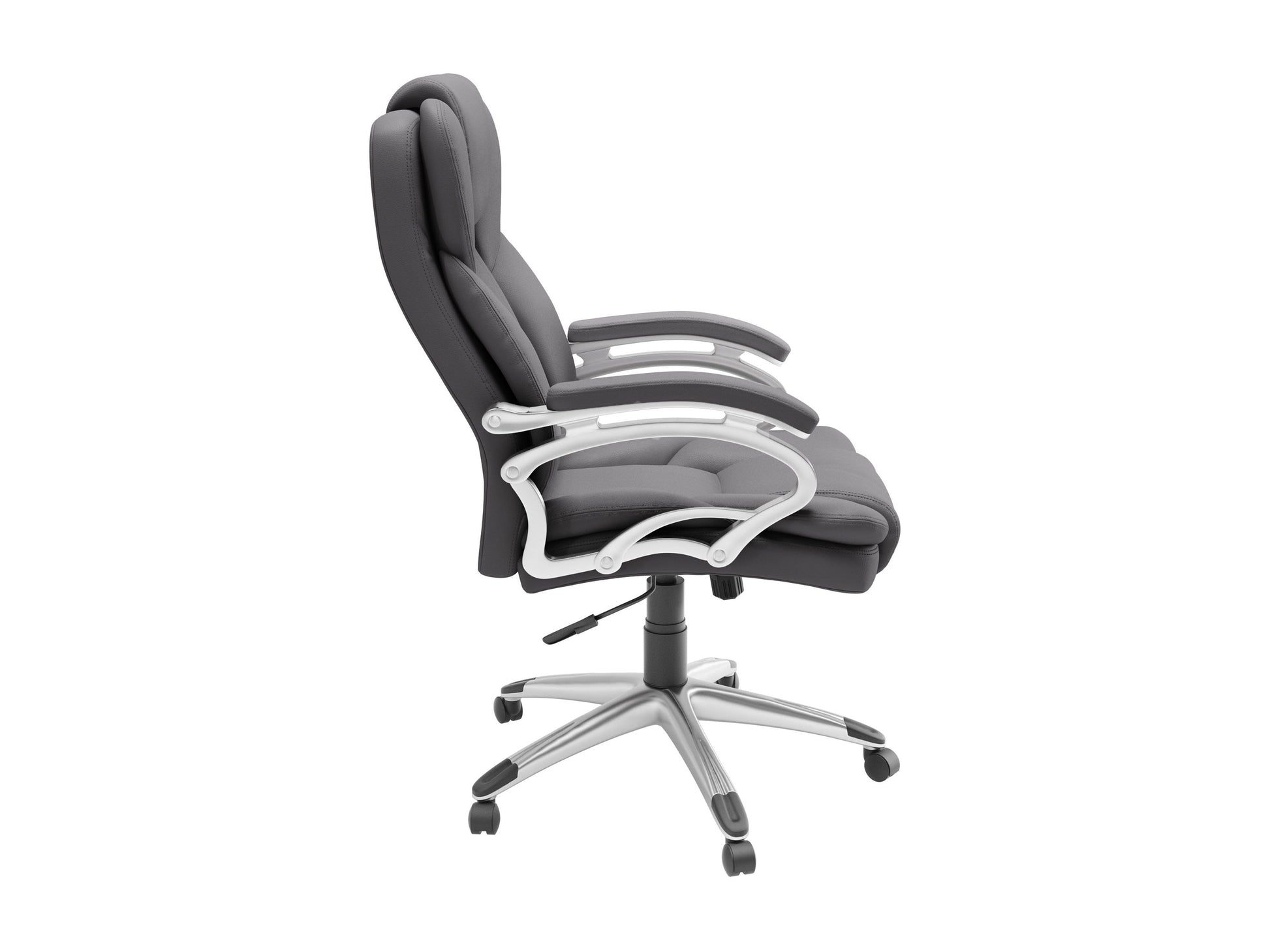 Grey executive office chair with ergonomic design, adjustable height, and padded armrests for comfortable office seating.