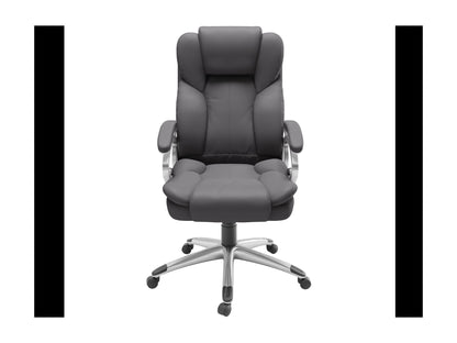 Grey executive office chair with ergonomic design, mesh back, adjustable height, and padded seat.