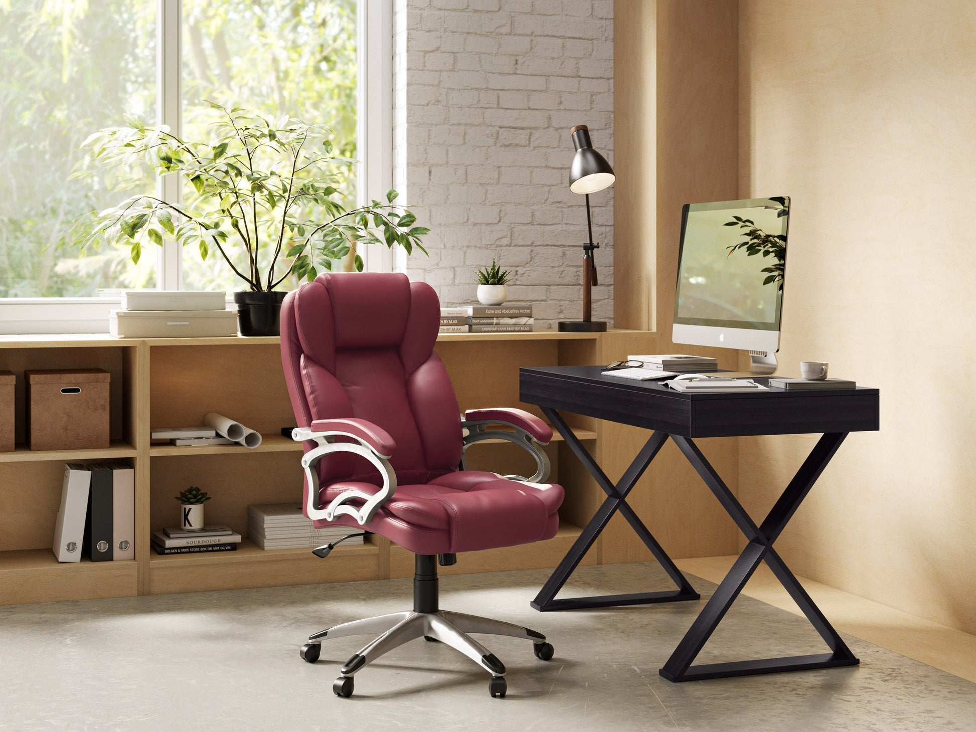 Brick red executive office chair with ergonomic design, padded armrests, and adjustable height.