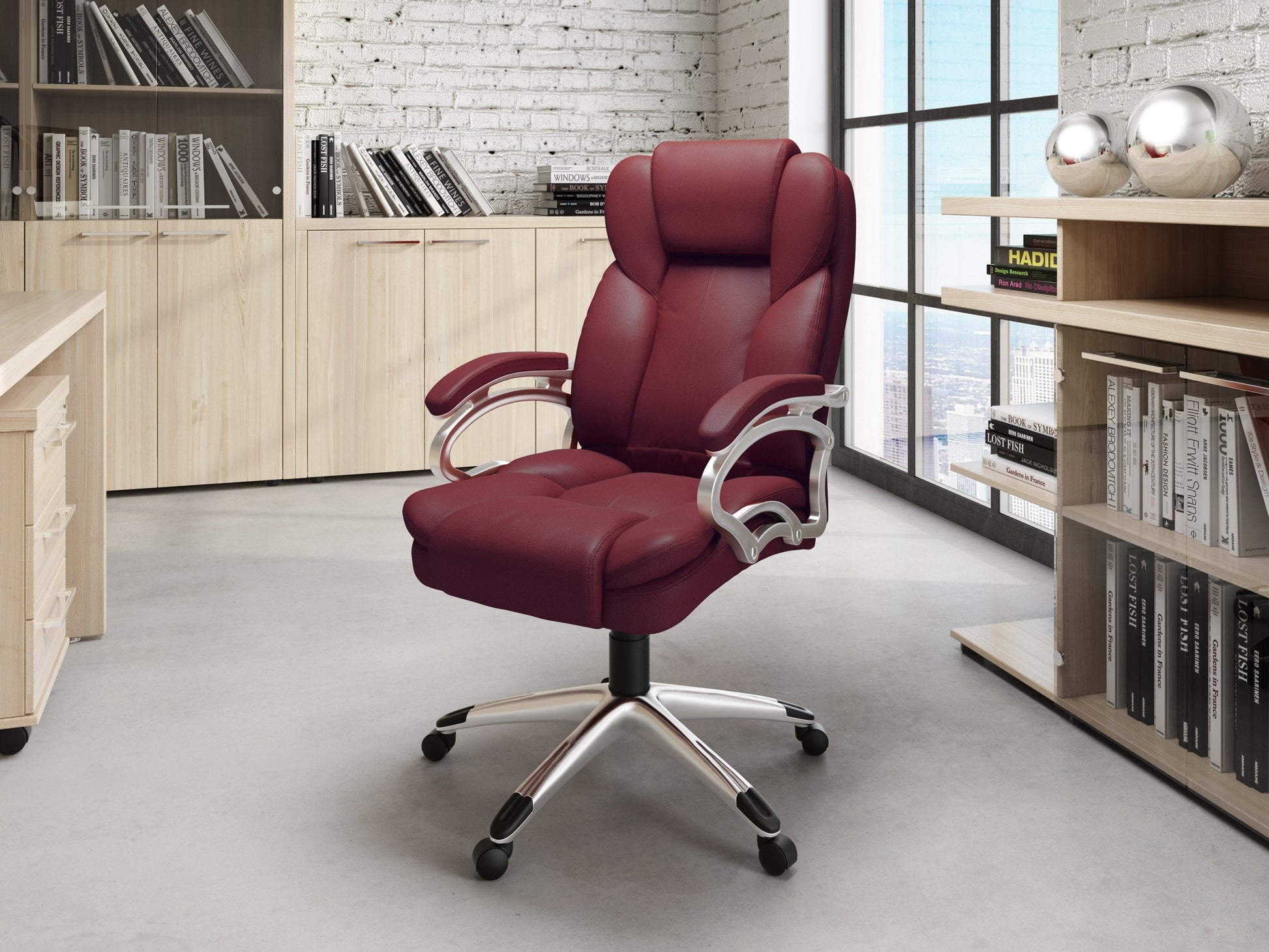 Brick red executive office chair with ergonomic design, adjustable height, and padded armrests.