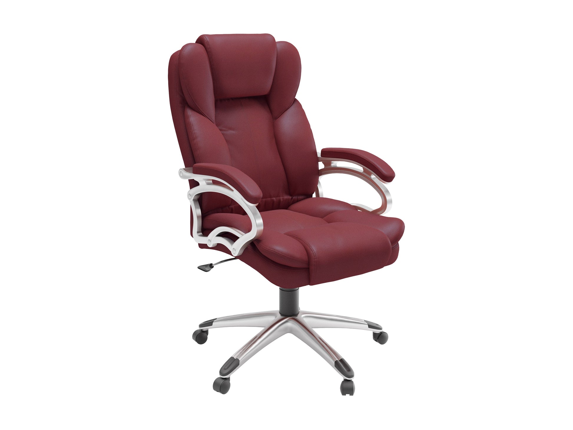 Brick red executive office chair with ergonomic design, adjustable height, and lumbar support.