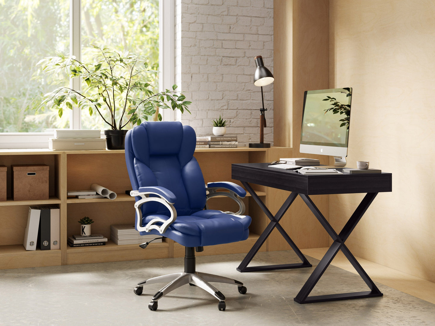 Cobalt blue executive office chair with ergonomic design, mesh backrest, and adjustable armrests.