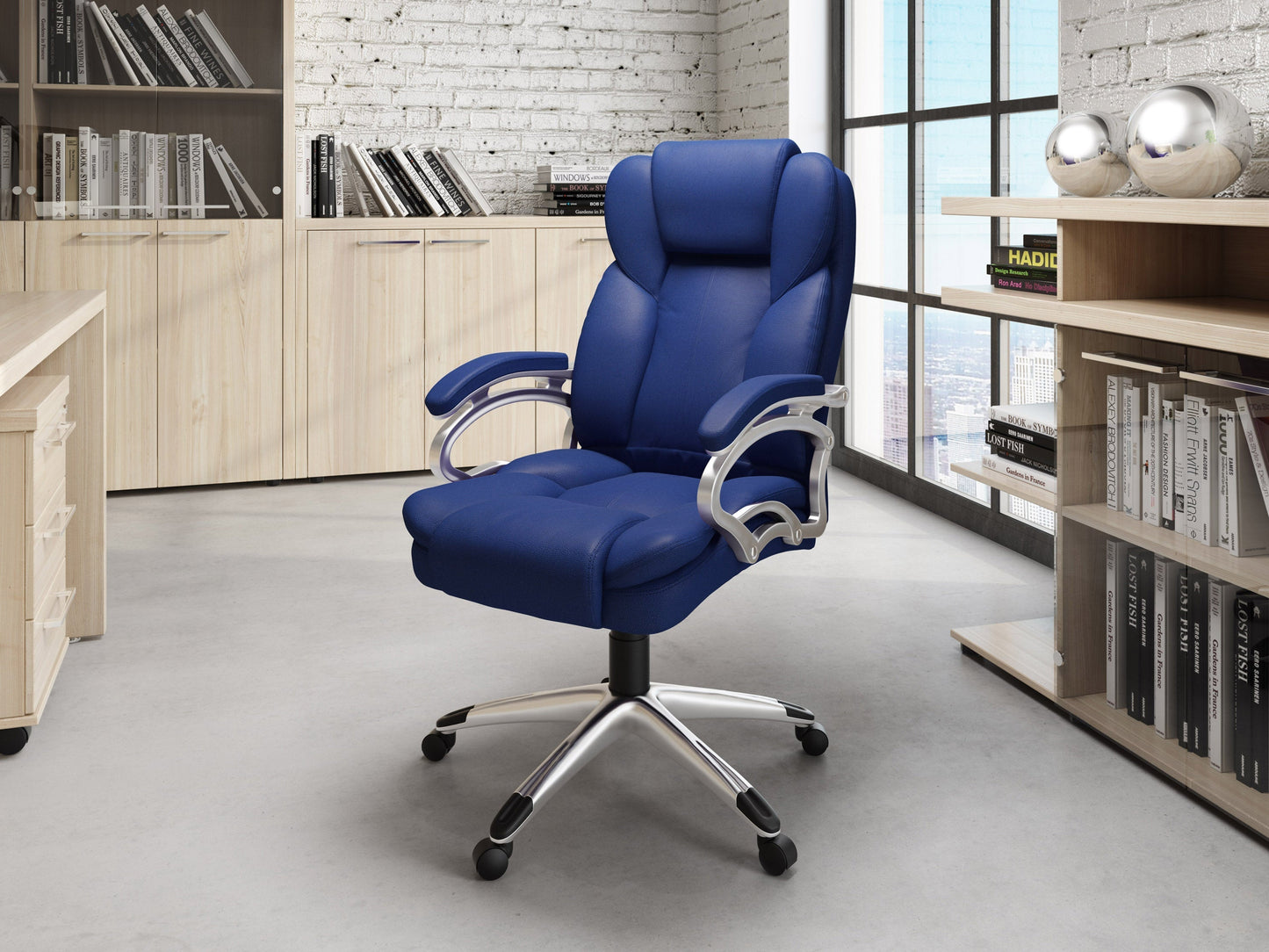 Cobalt blue executive office chair with ergonomic design, adjustable height, and padded seat and backrest.