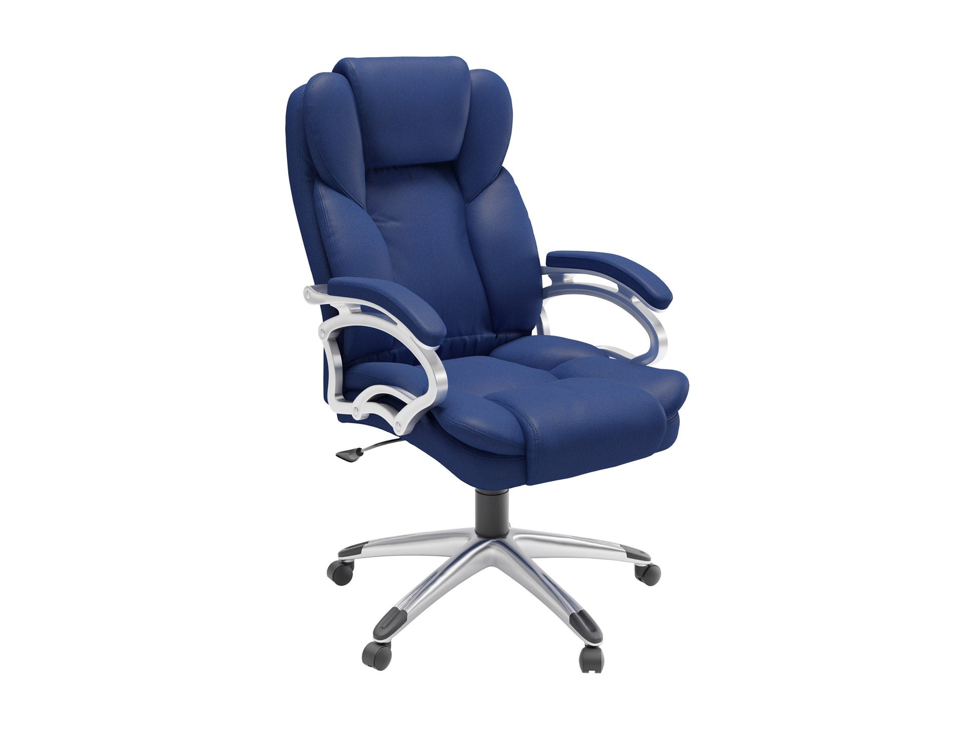 Cobalt blue executive office chair with ergonomic design, padded armrests, and adjustable height.