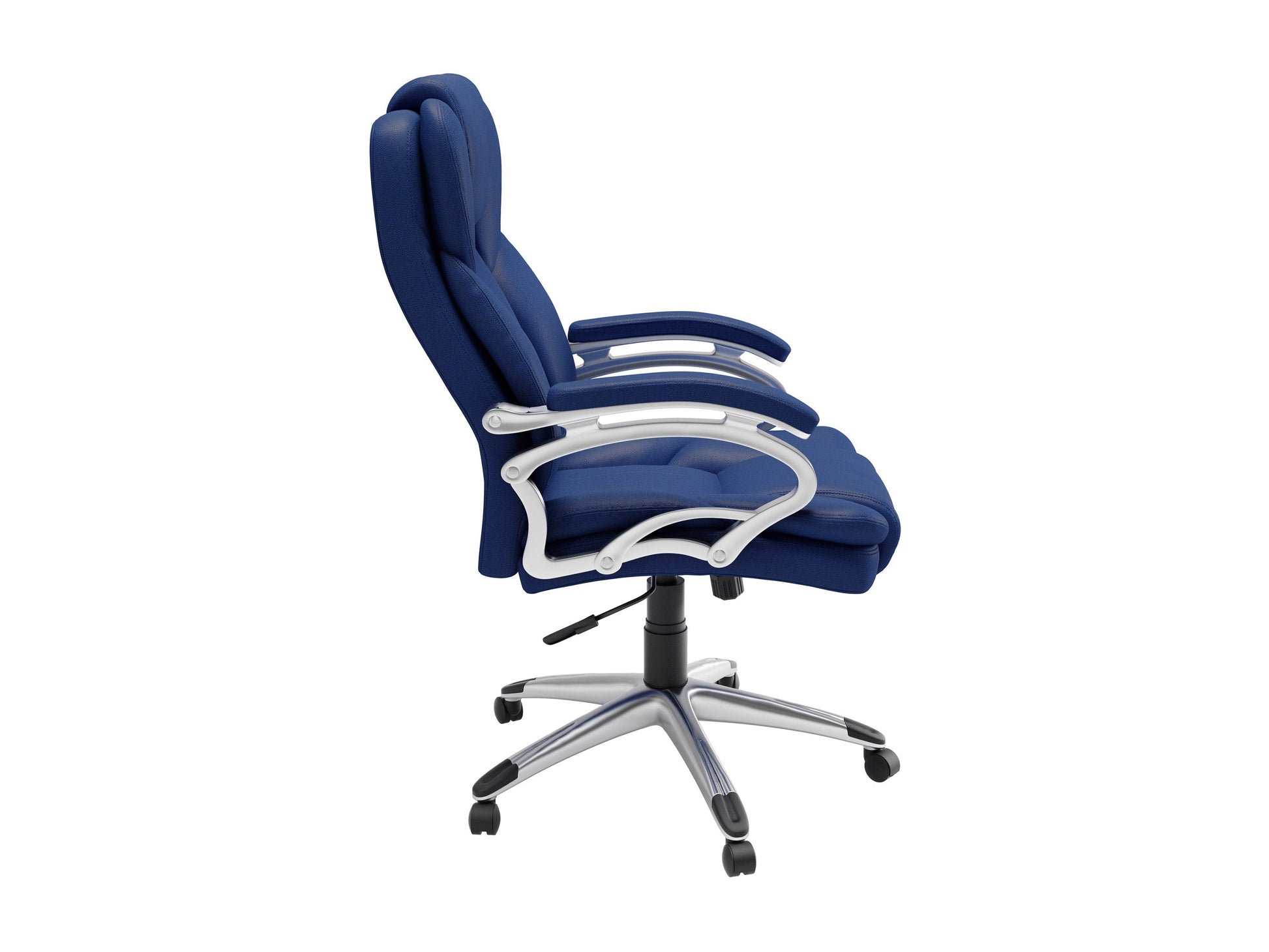 Cobalt blue executive office chair with ergonomic design, adjustable height, and padded armrests.