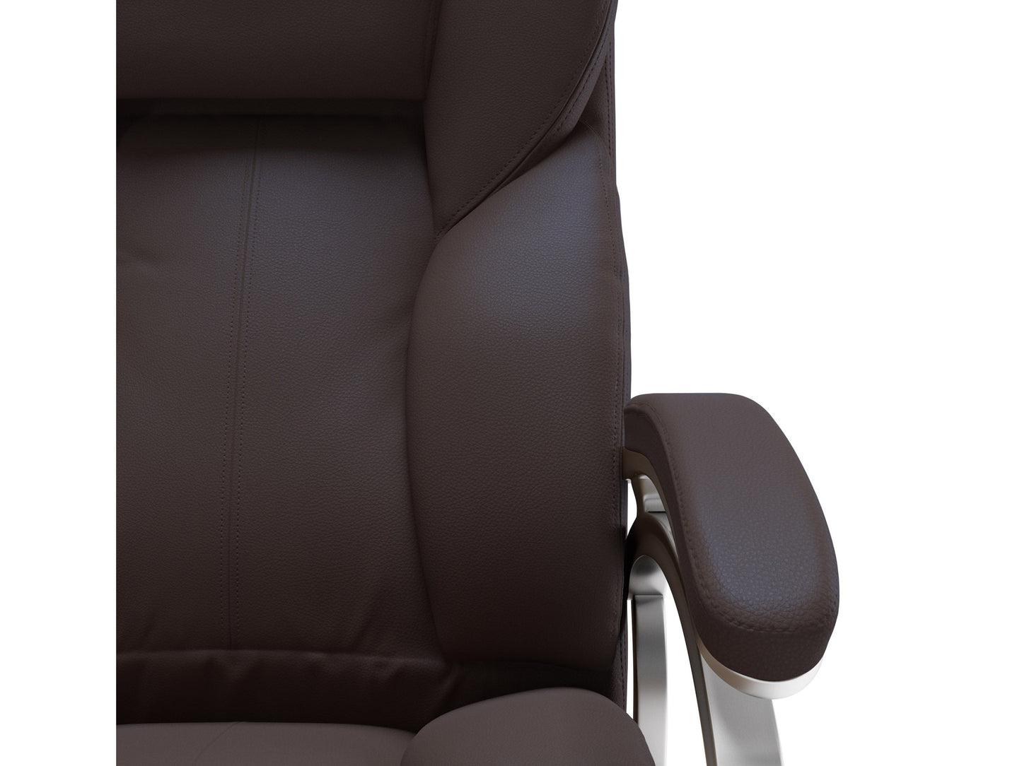 Ergonomic espresso leather executive office chair with padded armrests and adjustable height.