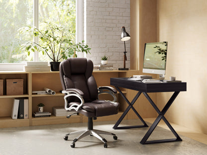 Executive office chair in espresso brown leather with ergonomic design and adjustable features for modern workspaces.