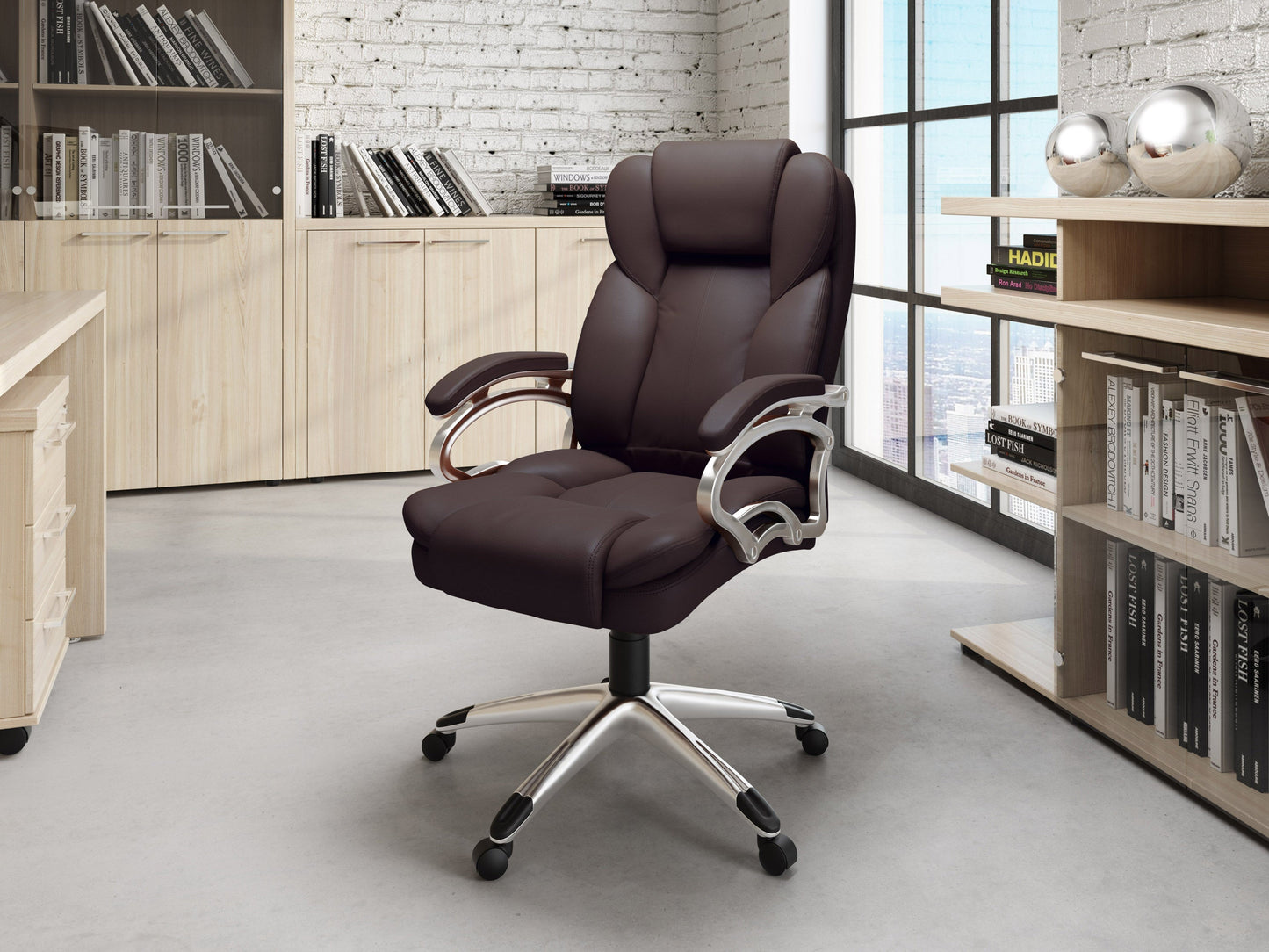 Executive office chair in espresso leather with ergonomic design and adjustable height, featuring sleek chrome armrests.