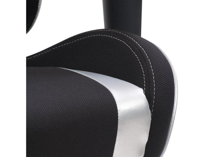 Ergonomic gaming chair in black and silver with adjustable armrests, lumbar support, and high-back design.