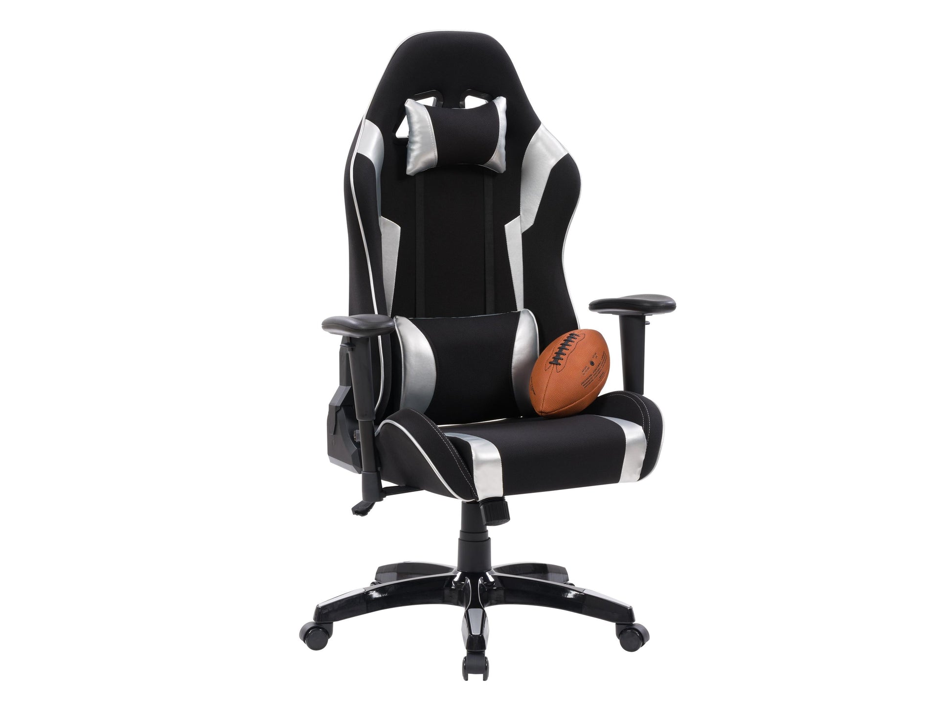 Ergonomic black and silver gaming chair with adjustable armrests, high back support, and breathable mesh fabric.